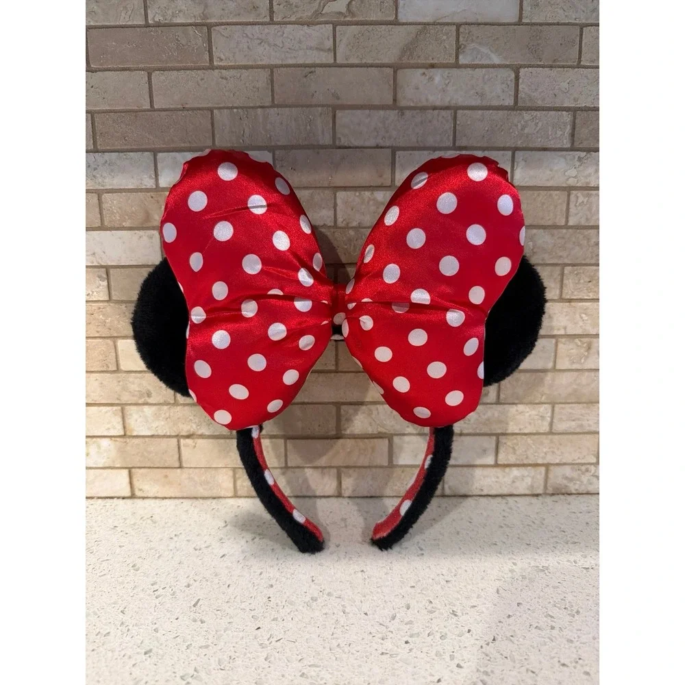 Disney Minnie Mouse Big Bow Ears Headband Red White Polka Dot Plush Ears